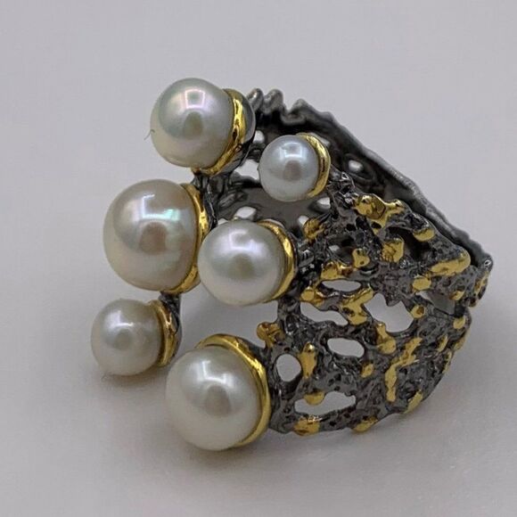 Ring, NWOT, real pearls, 925 sterling silver, 22 K gold, adjustable, statement - Picture 4 of 16